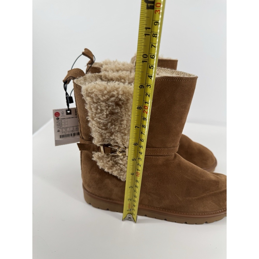 ZARA NWT Cozy Shearling Lined Suede Ankle Boots Chestnut Brown Moto Buckle Sz 9 - Picture 14 of 15